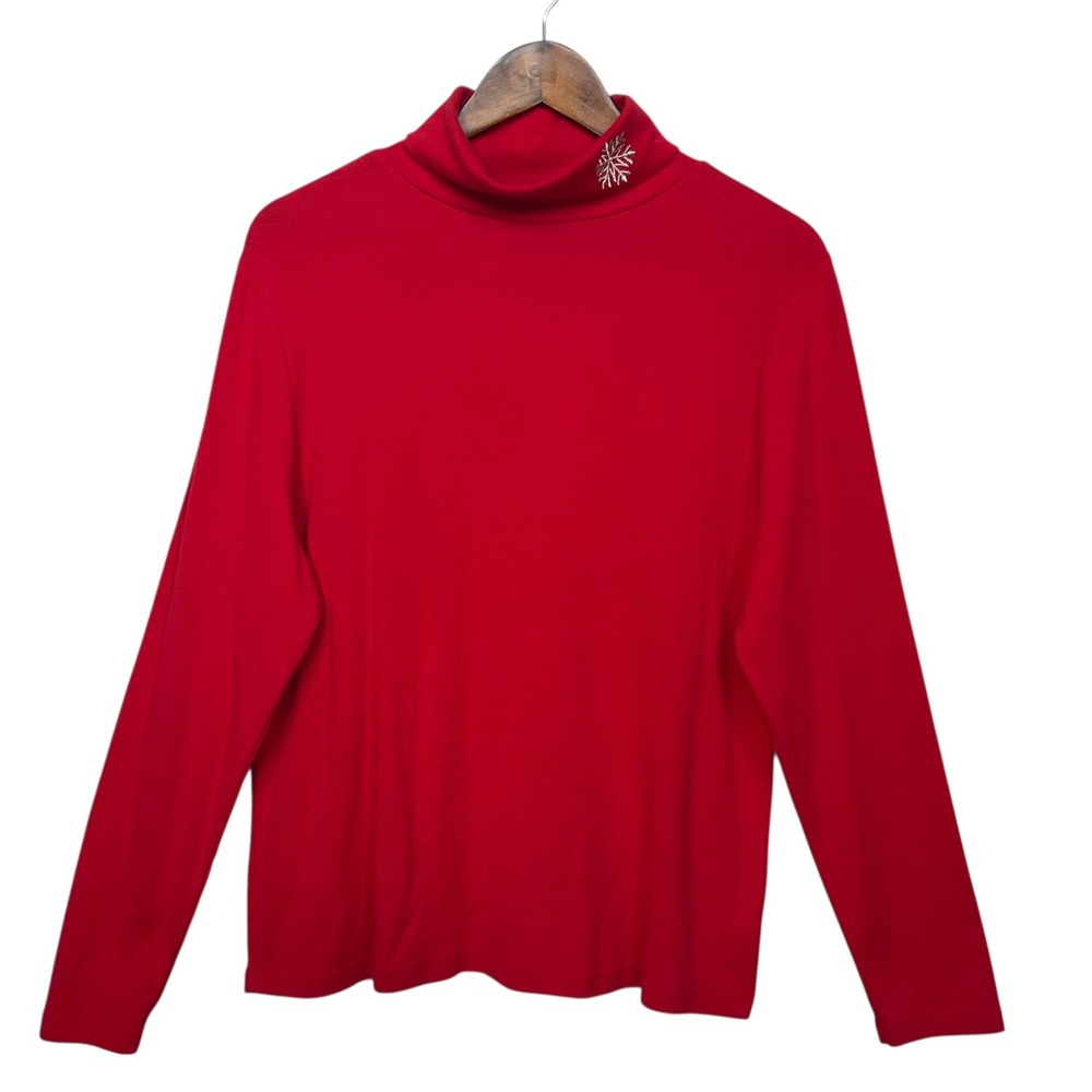 Jones New York Jones & Co Red Turtleneck Snowflake Top Womens XL Long Sleeve